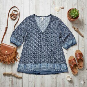 Fleur Bleue Women’s Navy Floral 3/4 Sleeve V-Neck Tunic Blouse - Size 3X